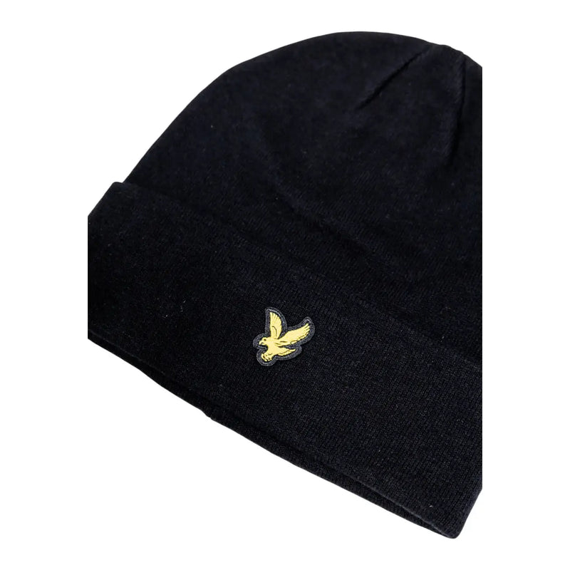 Lyle & Scott Schwarze Wollmütze für Herren mit kleinem, gesticktem gelbem Vogellogo, Vorderansicht