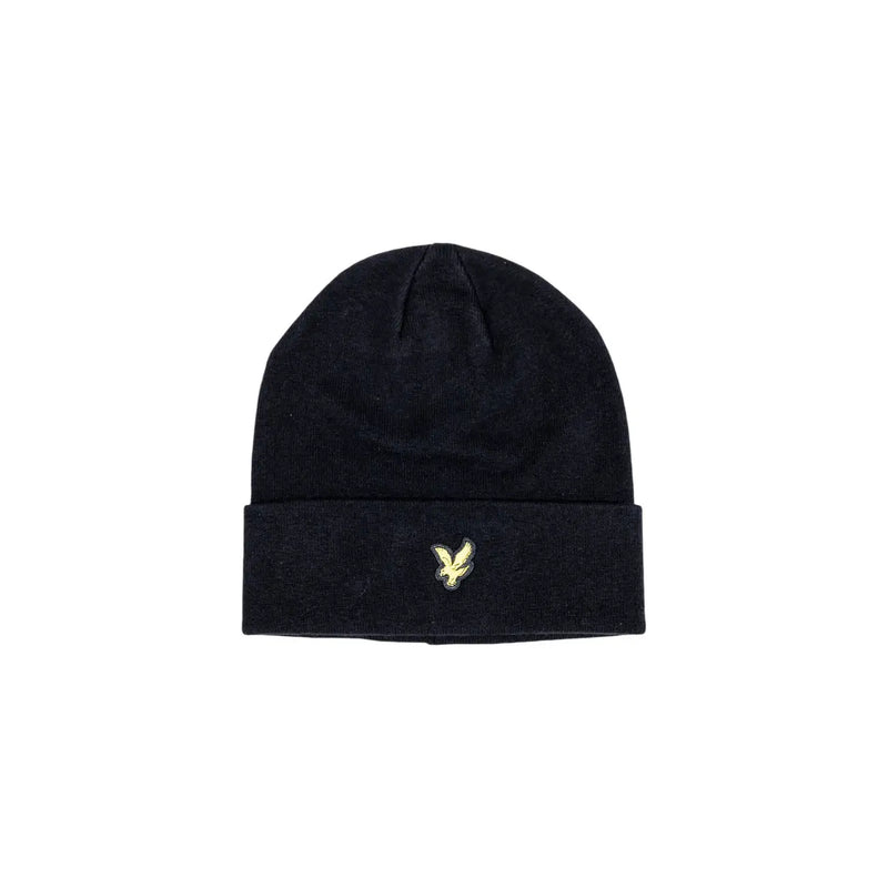 Lyle & Scott Schwarze Wollmütze für Herren mit umgeschlagenem Rand und goldgesticktem Vogellogo, Vorderansicht