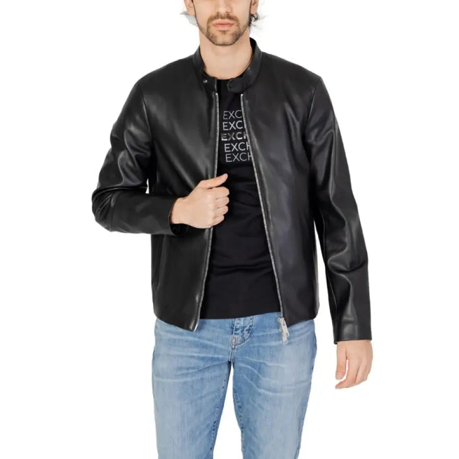 Armani Exchange Men Blazer featuring a man in black leather jacket.