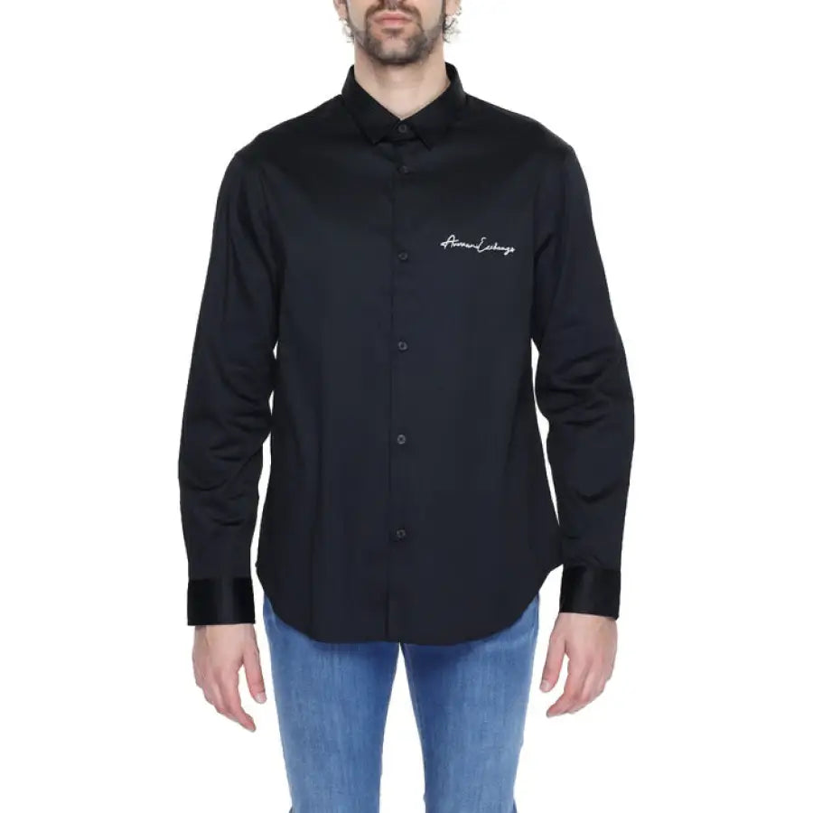 Man in Armani Exchange black shirt with ’person’ on it - Armani Exchange Men Shirt