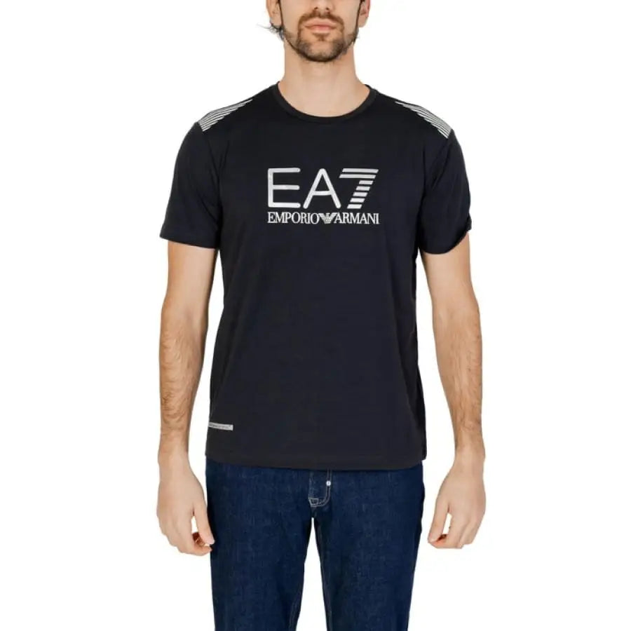 Ea7 EA7 men t-shirt model showcasing black tee with ea ex logo