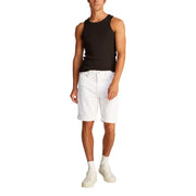 Man wearing a black tank top and white denim shorts for Men’s Black Tank Top and White Denim Shorts product
