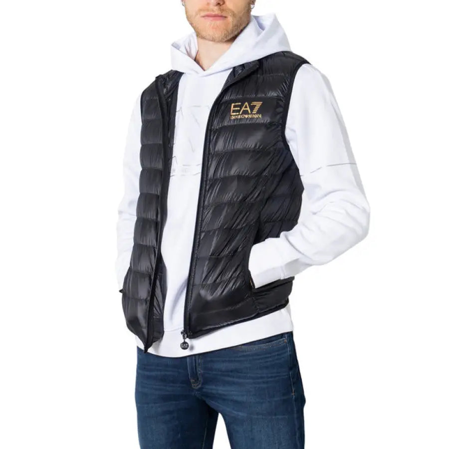 
                      
                        Ea7 men jacket in fall winter style, man in black vest and white hoodie
                      
                    
