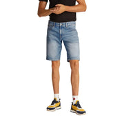 Man wearing denim shorts and a black T shirt displayed for Men Clothing