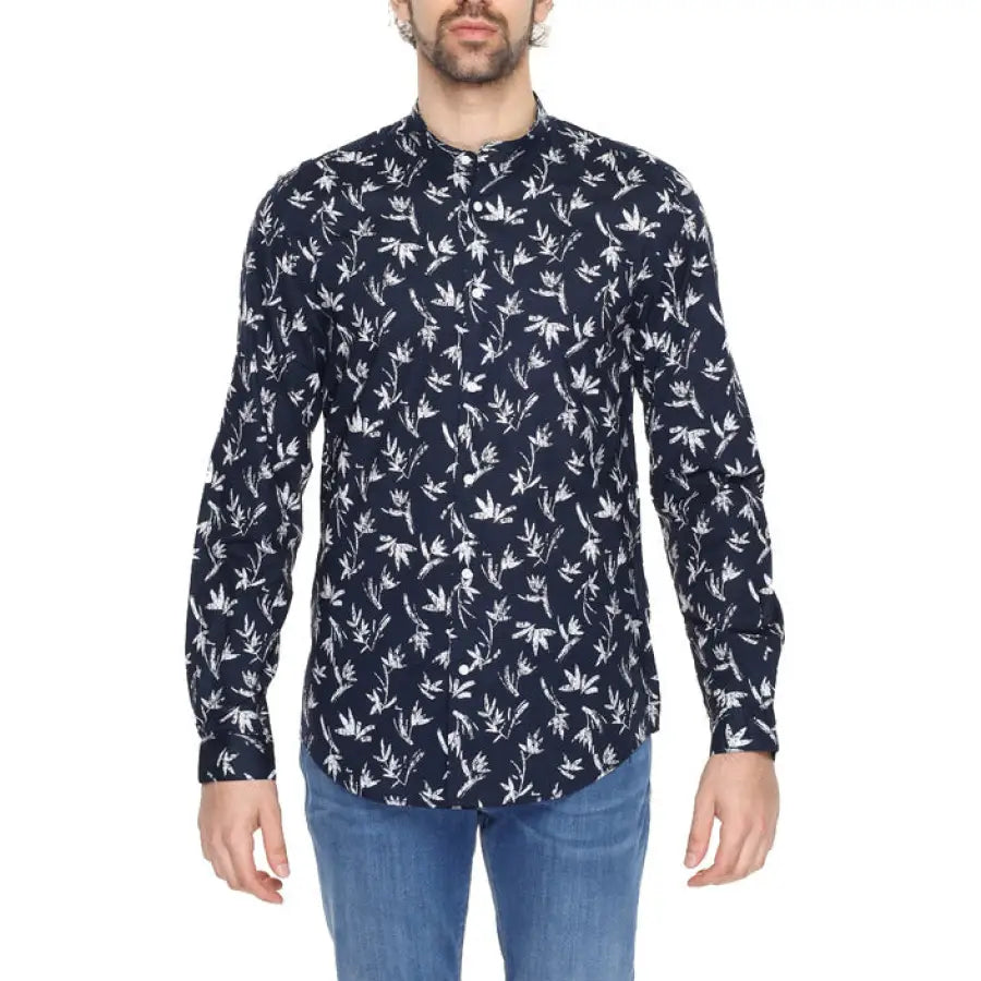 Antony Morato shirt with navy blue and white palm print on man