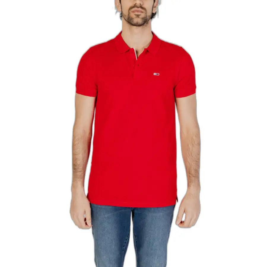 
                      
                        Man in Tommy Hilfiger Jeans red polo shirt for men
                      
                    