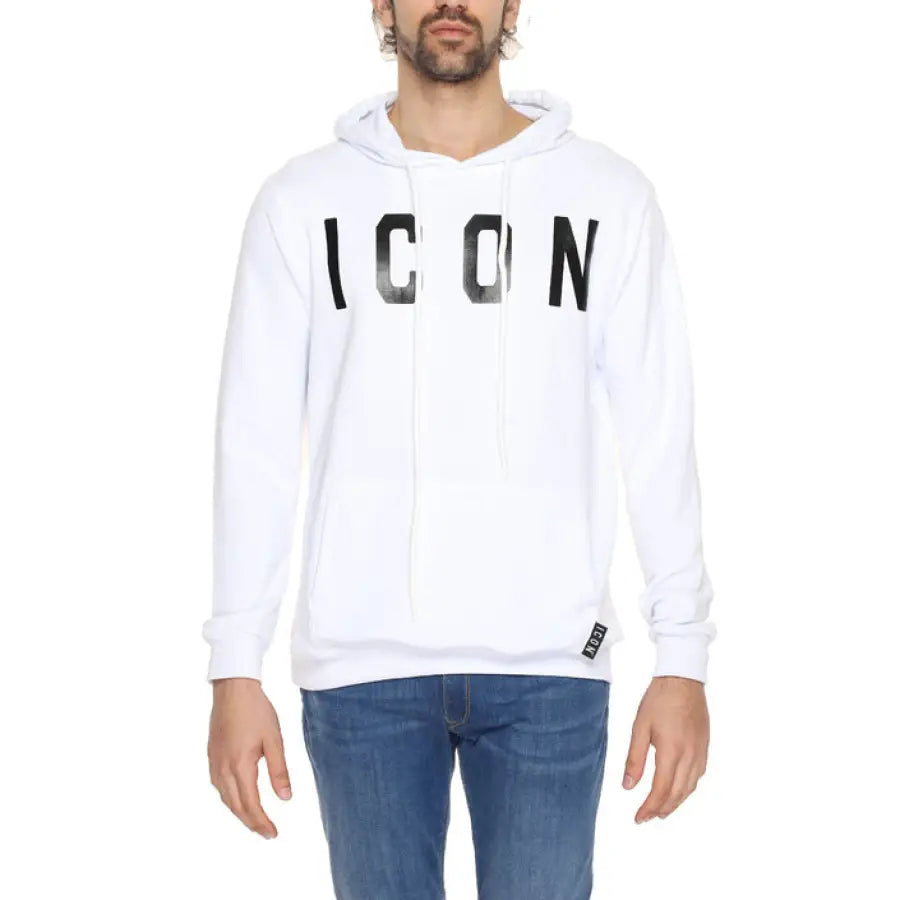 
                      
                        Man in urban style clothing, white Icon hoodie, showcasing urban city fashion
                      
                    