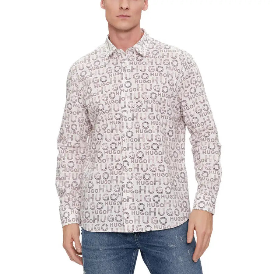 
                      
                        Spring summer Hugo men shirt featuring ’person’ print on white, embodying gender inclusivity
                      
                    