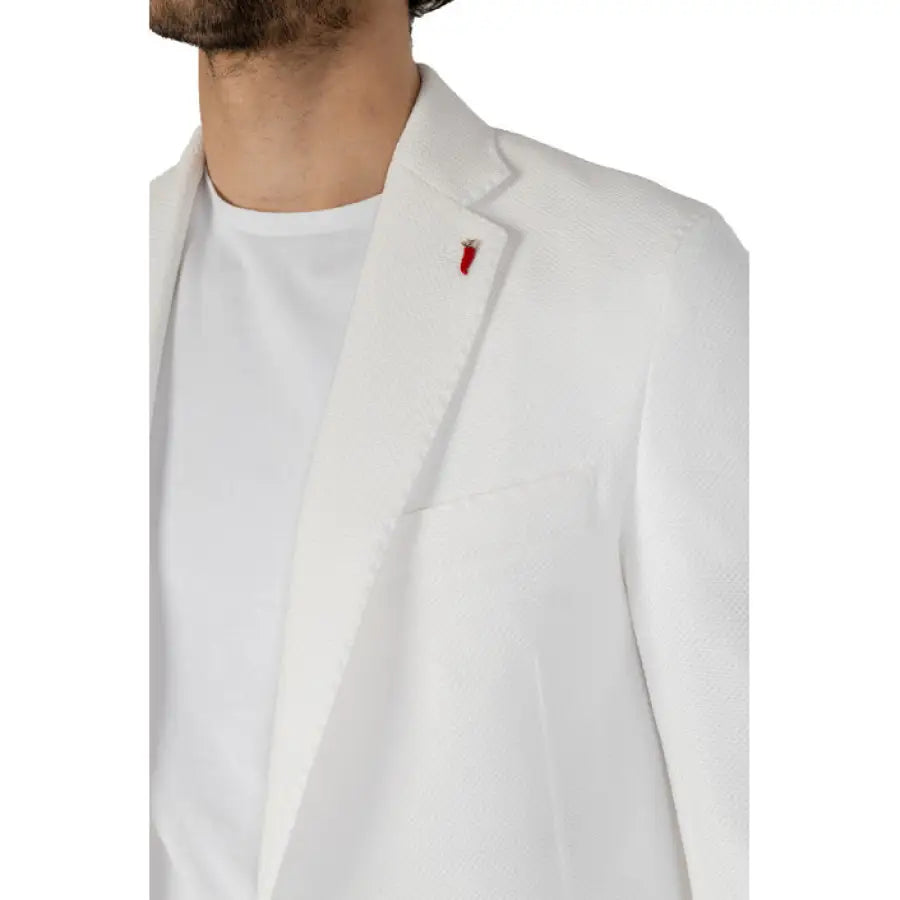 
                      
                        Stylish man in white suit and red tie from Mulish Men Blazer urban city fashion
                      
                    