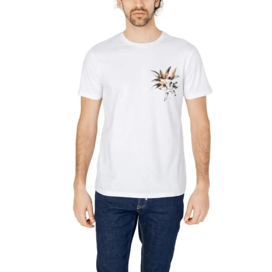 Antony Morato Men T-Shirt with bird design on white shirt.