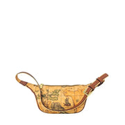 Map-patterned belt bag with brown leather accents from World Map Patterned Handbag Accessories