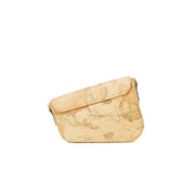 Map-patterned clutch purse with a beige background and brown strap for easy carrying