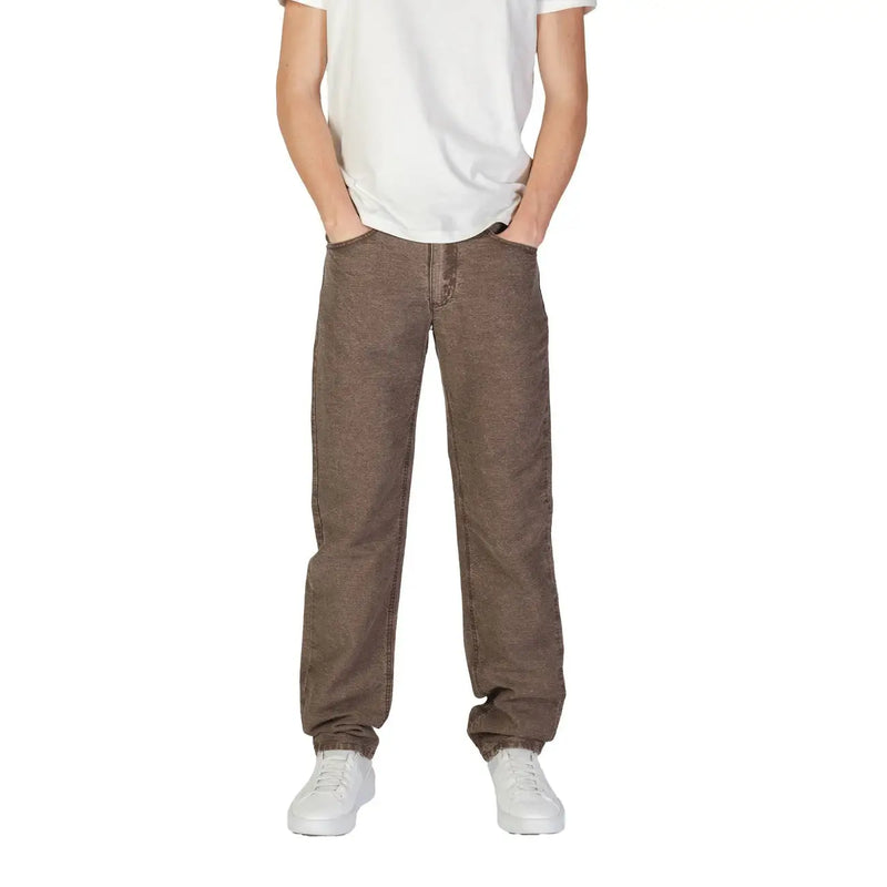 Brown cotton linen relaxed fit denim jeans with classic five-pocket design for fall winter by marlboro classics