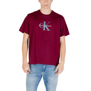 Maroon Calvin Klein T shirt styled with blue jeans for a casual look