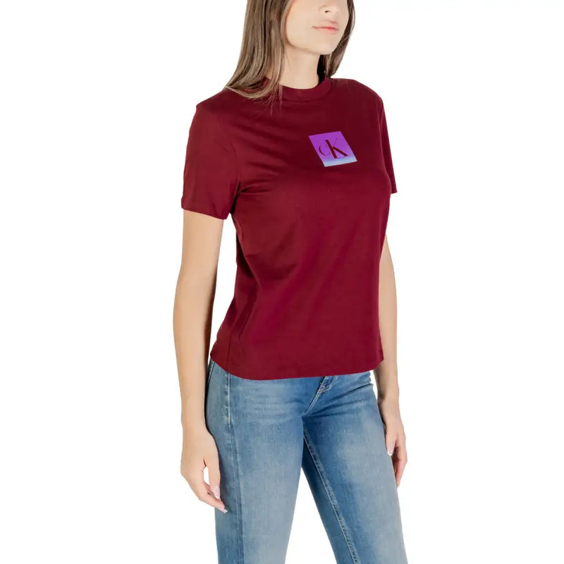 Maroon Calvin Klein Jeans women’s short-sleeve T-shirt with purple chest graphic