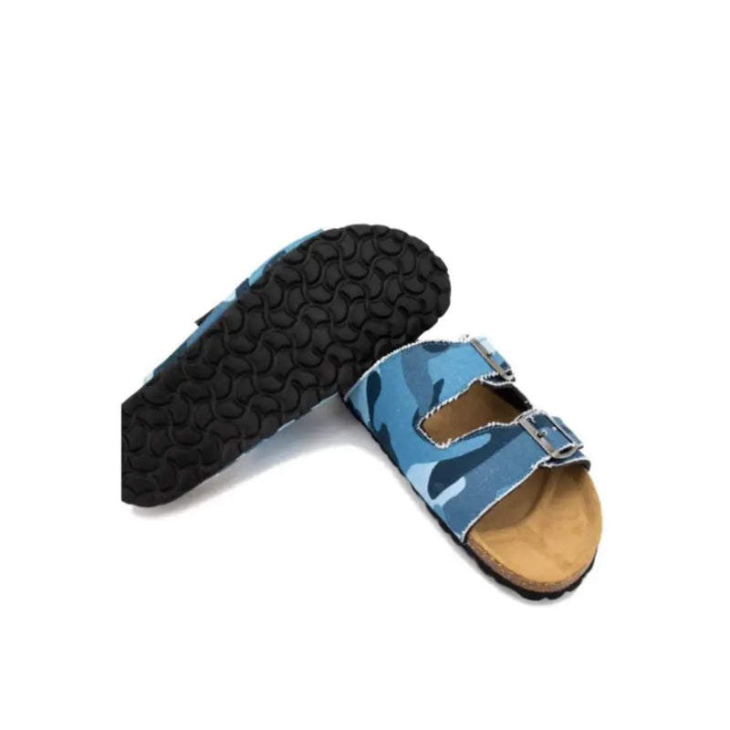 Mc2 Saint Barth men blue camouflage cotton sandals with silver buckles and cork footbed in a birkenstock style