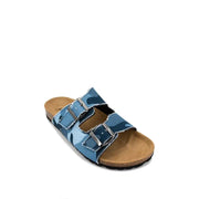 Mc2 Saint Barth men blue camouflage cotton slide sandal with two silver buckle straps and cork footbed