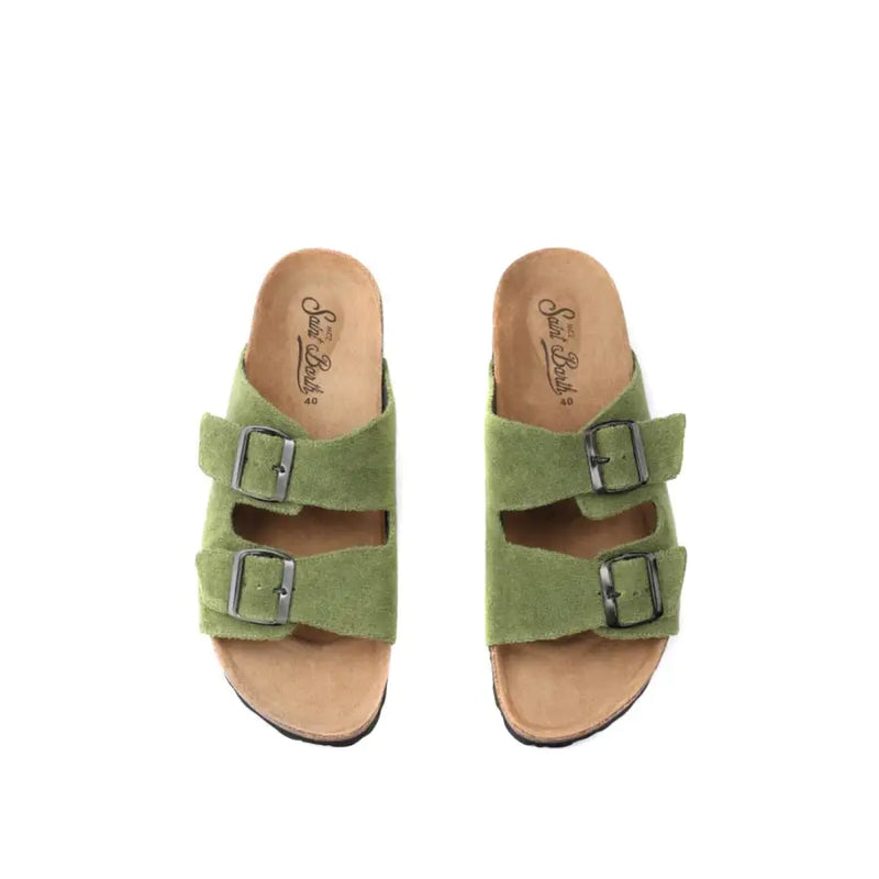 Mc2 Saint Barth green suede open toe slippers with silver buckles