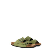 Olive green suede two-strap sandals with black metal buckles and cork footbed from mc2 saint barth women green cotton slippers
