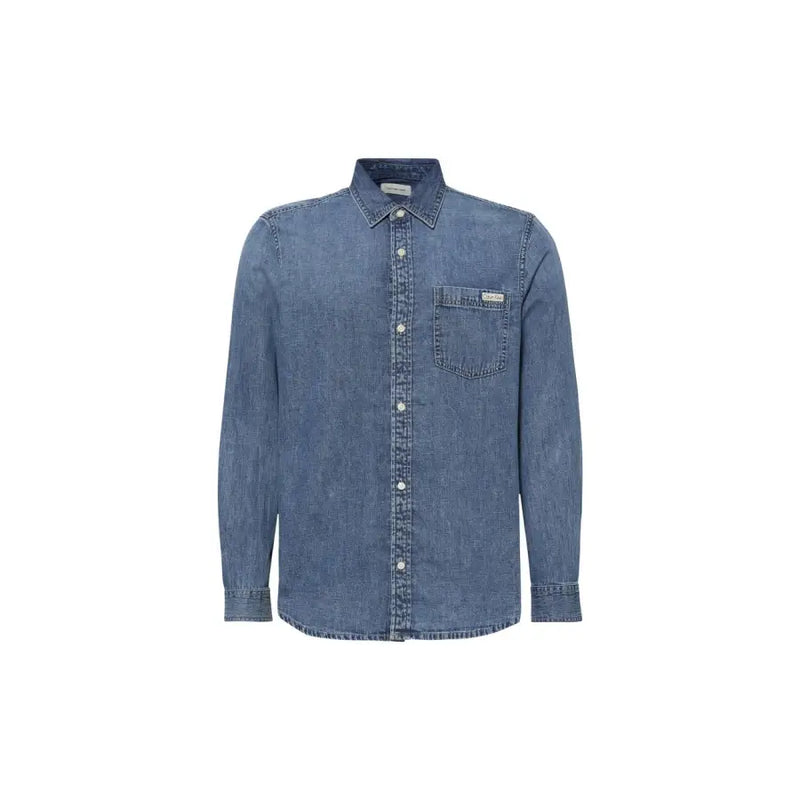Men blue denim long sleeved shirt featuring a classic button-up design with collar and chest pocket