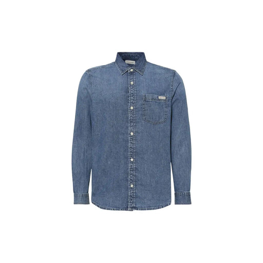 Men blue denim long sleeved shirt featuring a classic button-up design with collar and chest pocket