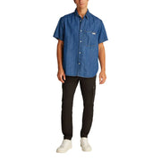 Men blue denim short sleeved shirt featuring a chest pocket and white buttons in a classic button-up style