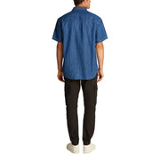 Men blue denim short sleeved shirt made of durable denim fabric ideal for casual and everyday wear