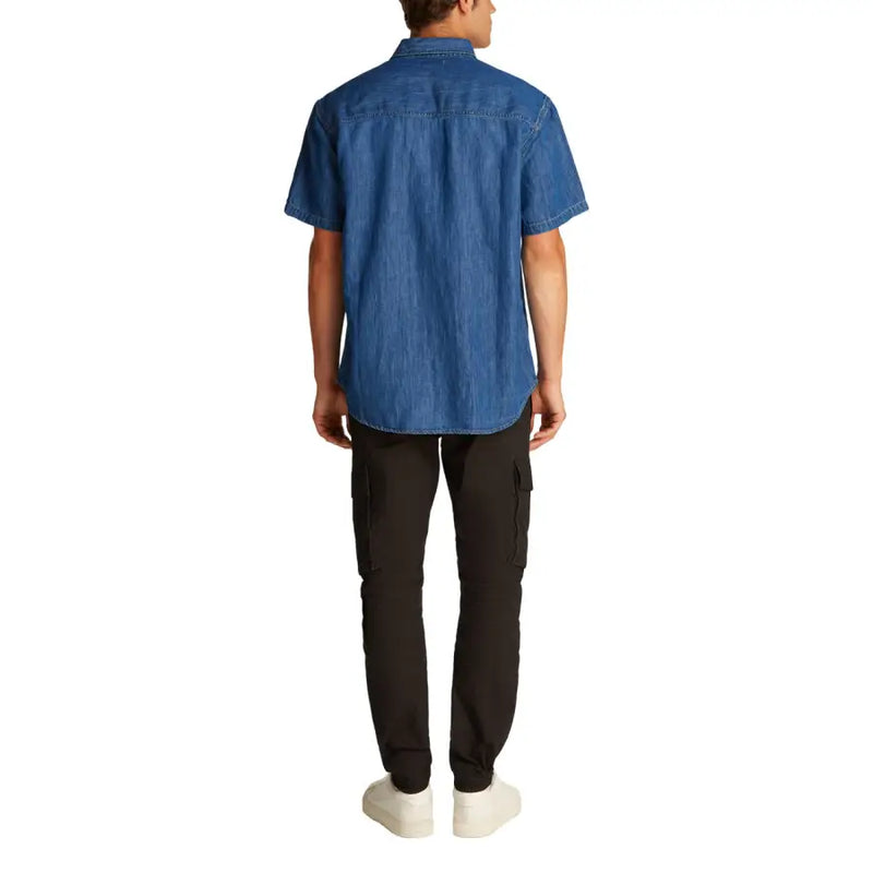 Men blue denim short sleeved shirt made of durable denim fabric ideal for casual and everyday wear