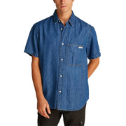 Men blue denim short sleeved shirt with chest pocket and white buttons made of durable denim fabric