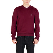 Burgundy crew neck sweatshirt with small square logo on chest, likely made of cotton or polyester blend.
