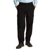 Men’s black cargo pants by Calvin Klein featuring side pockets and button closure for casual wear