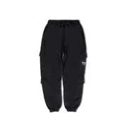 Men’s black cotton cargo pants with elastic waistband drawstring and multiple side pockets for functional wear