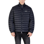 Men’s black quilted puffer jacket with high collar front zipper and Armani Exchange logo on left chest