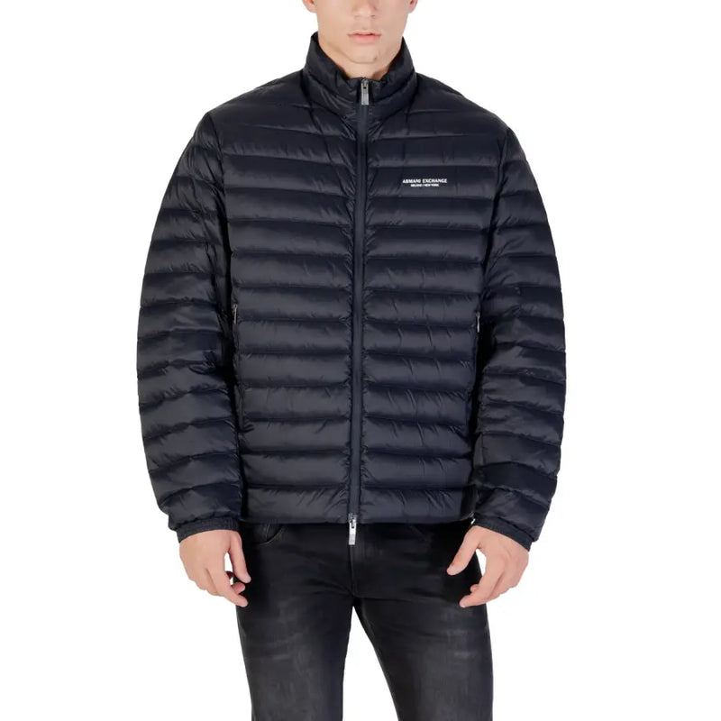 Men’s black quilted puffer jacket with high collar front zipper and Armani Exchange logo on left chest