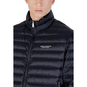 Men’s black quilted puffer jacket with high collar and Armani Exchange logo embroidered on the chest