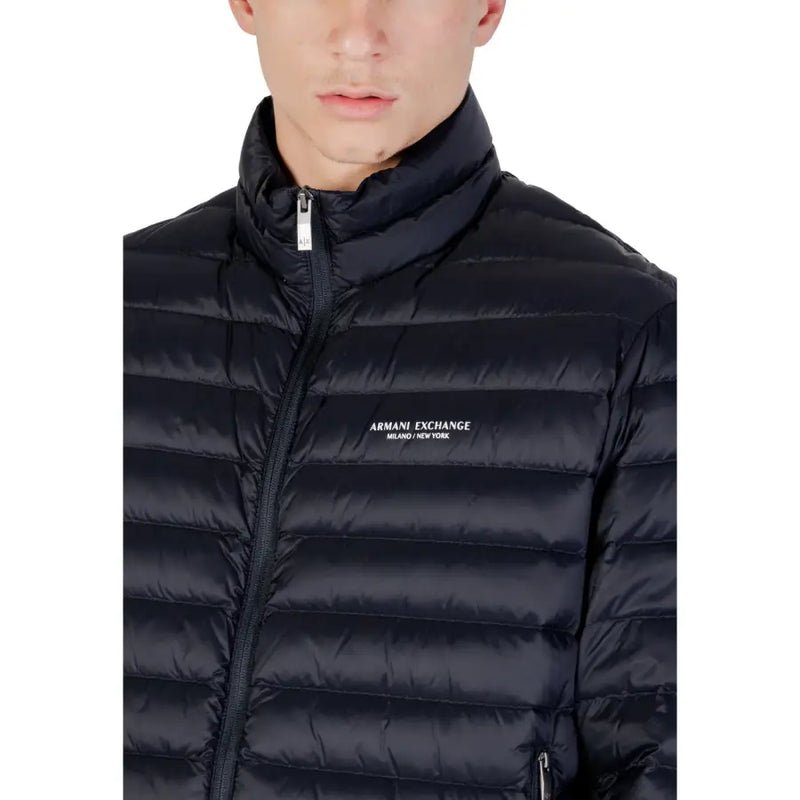 Men’s black quilted puffer jacket with high collar and Armani Exchange logo embroidered on the chest