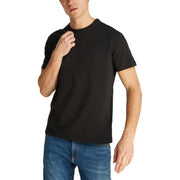 Mens black short sleeve crew neck t shirt with a subtle logo on the left chest for casual wear