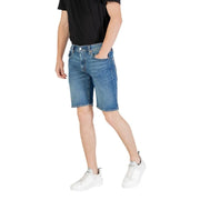 Blaue Herren-Jeansshorts mit klassischem Fünf-Taschen-Design und ausgefranstem Saum aus strapazierfähigem Denim-Material