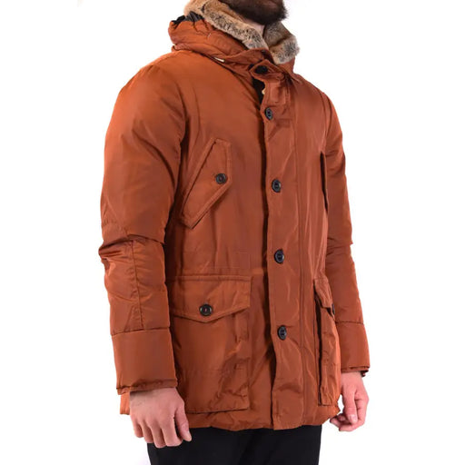 Mens brown fur trimmed hooded parka in warm rust orange with fur-lined hood and black buttons
