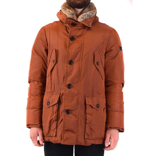 Mens brown fur trimmed hooded parka featuring a warm rust-colored puffer design and black buttons