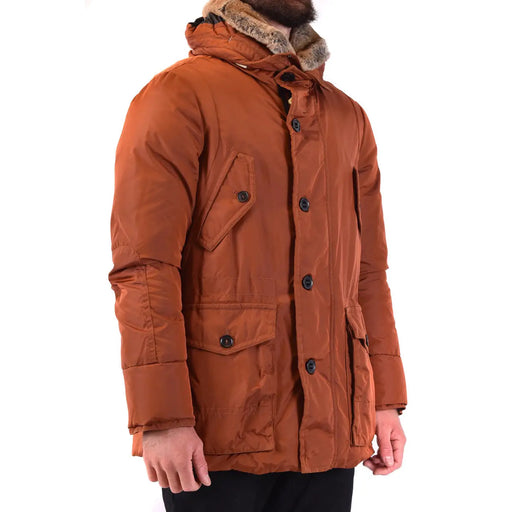 Mens brown fur trimmed hooded parka in warm rust orange with fur-lined hood and black buttons