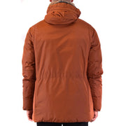 Mens brown fur trimmed hooded parka in warm rust color with quilted design and light brown faux fur lined hood