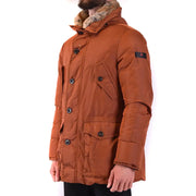 Mens brown fur-trimmed hooded parka showcasing warm winter outerwear for men