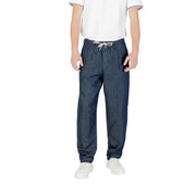 Men’s dark blue denim drawstring pants with a relaxed fit and white drawstring waistband for casual wear