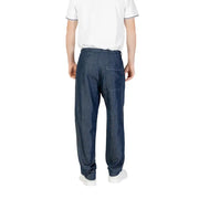 Men’s dark blue denim drawstring pants with relaxed fit and visible stitching details on front side