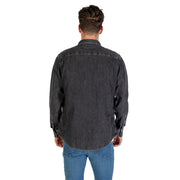 Men’s gray denim long sleeve shirt with dark gray button-up front and classic collar design
