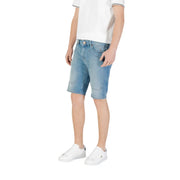 Men’s light blue denim shorts with a classic five-pocket design and subtle distressing details in light wash
