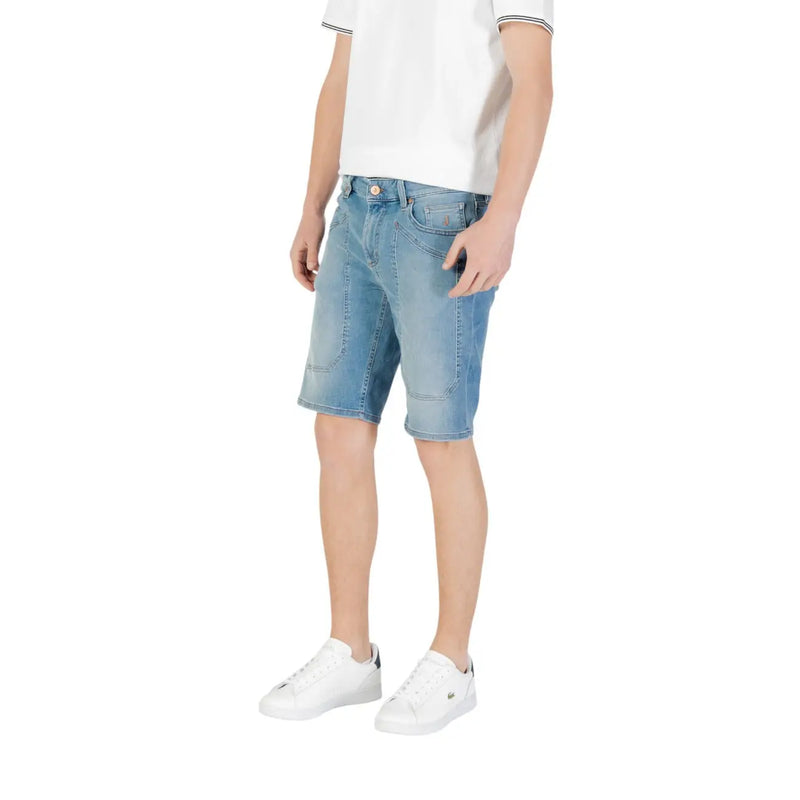 Men’s light blue denim shorts with a classic five-pocket design and subtle distressing details in light wash