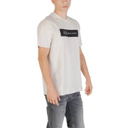 Mens light gray cotton t shirt with black rectangular armani exchange logo across the chest