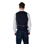 Men’s navy vest tailored in fabric with a belt and silver buckle for a polished formal look